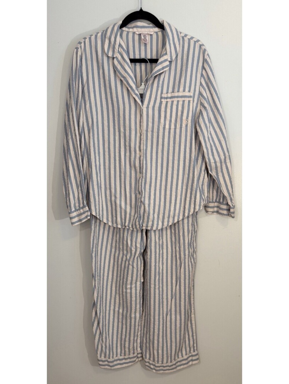 Victoria Secret Pink & Blue Striped Embroidered Cotton Blend PJ Set Pockets Med